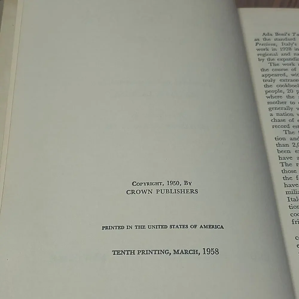 THE TALISMAN ITALIAN COOK BOOK Tenth Printing 1958